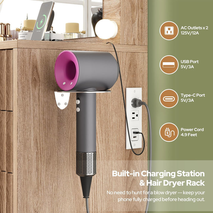 15 Drawers Fluted Vanity Desk with Glass Top, 47" Makeup Vanity with Large Mirror and 12 LED Lights, Dressing Table with Power Outlet for Bedroom, Natural