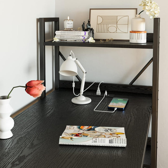Computer Desk 55" with Power Outlet and Storage Shelves, Study Writing Table with USB Ports Charging Station, PC Desk Workstation for Home Office, Black