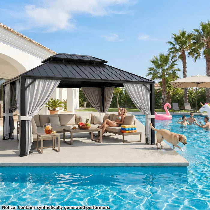 16'X12' Hardtop Gazebo, Update Aluminum Frame Gazebo with Galvanized Steel Double Roof, Outdoor Pergola with Curtain and Net, Backyard Canopy for Garden, Deck, Gray and Black