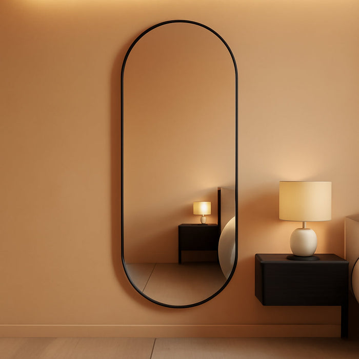 Arched Full Length Floor Mirror, Oval Full Floor Mirror, Large Wall Mounted Arched-Top Body for Living Room, Bedroom, Bathroom, Entryway, Dressing Room (Black, 64 * 21)
