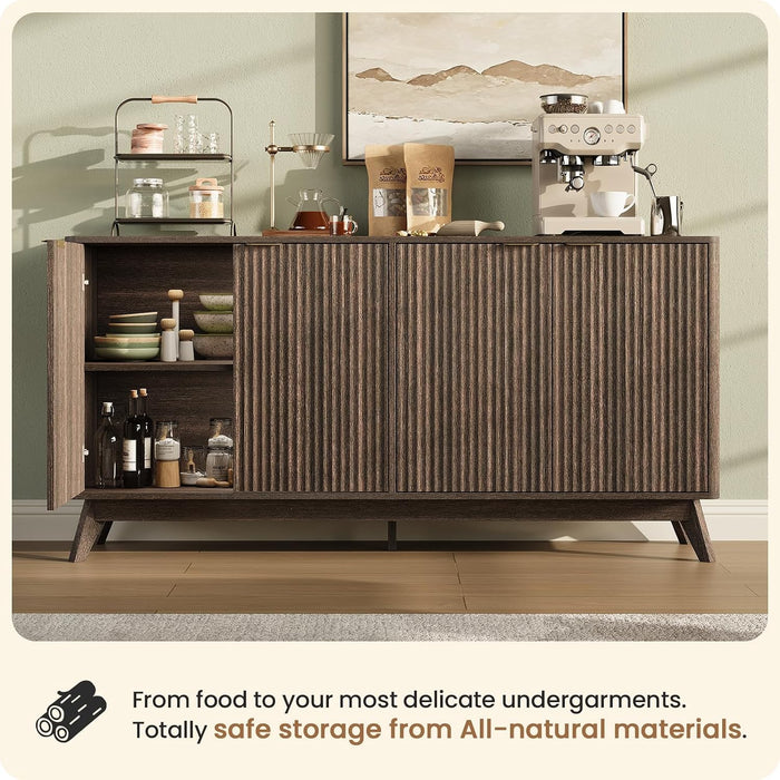 59'' Sideboard Buffet Storage Cabinet with Metal Handle, Fluted Cabinet with Rounded Corners, Modern Buffet Table Accent with 4 Doors for Coffee Bar, Console Table,Walnut