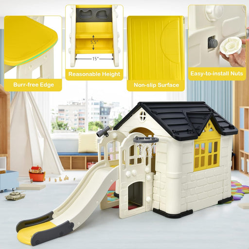 Kids Playhouse and Slide Set, 7 in 1 Outdoor Cottage Pretend Playhouse with Working Doors and Windows, Picnic Table, Toy Set & Tray, Waterproof Cover, Indoor Playground Set for Kids (Yellow)