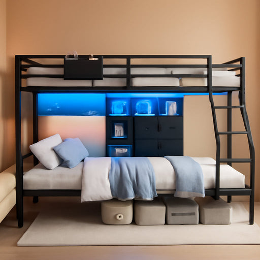 Bunk Bed Twin over Twin with 4 Storage Drawers & Shelves & Bedside Caddy, Twin Bunk Beds with Charging Station & LED Lights, Metal Loft Bed with Safety Guardrail & Angled Ladder, Black & Grey