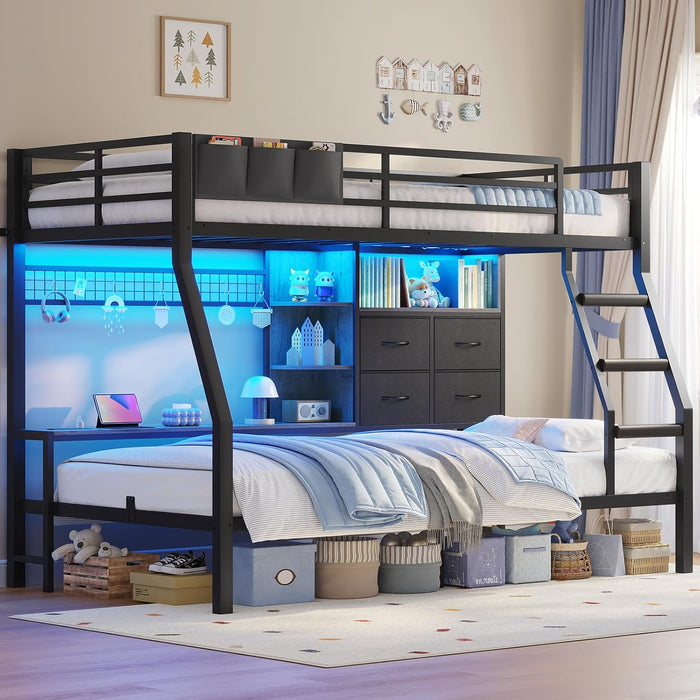 Bunk Bed Twin over Twin with 4 Storage Drawers & Shelves & Bedside Caddy, Twin Bunk Beds with Charging Station & LED Lights, Metal Loft Bed with Safety Guardrail & Angled Ladder, Black & Grey