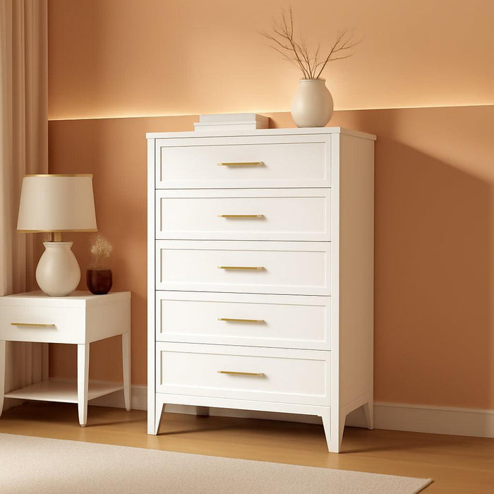 BrightWhite Tall Dresser 5 Drawer Chest 53.54Inches