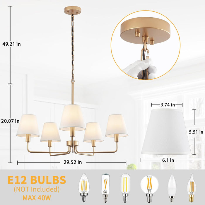 5-Light Brass Gold Dining Room Light Fixture with White Fabric Shade, 29.52In Farmhouse Chandelier Modern Antique Linear Pendant Island Light Fixture for Bedroom Foyer Cottage Kitchen over Table