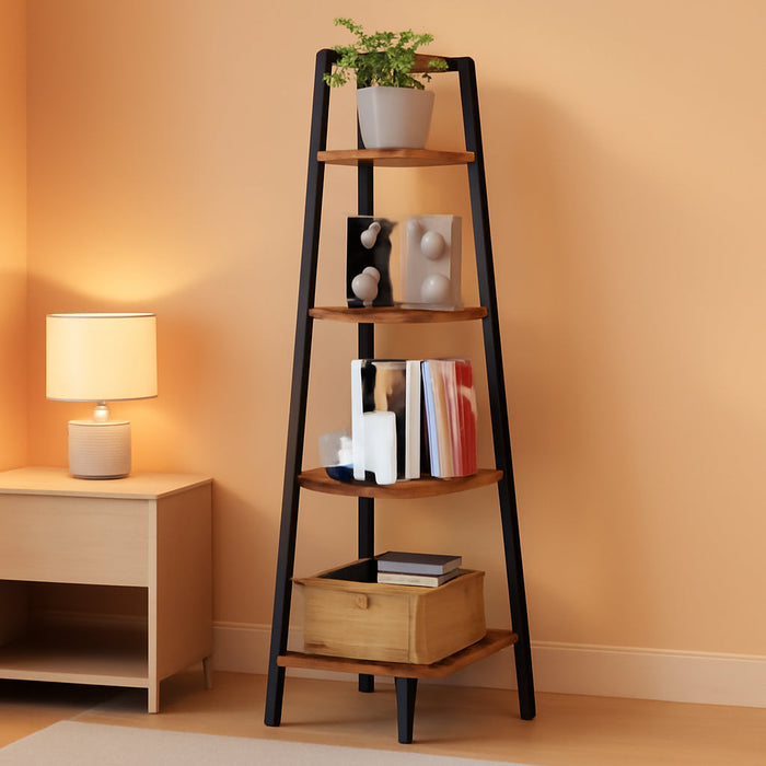 4-Tier Corner Bookshelf with Metal Frame - Ladder Display Shelf for Bedroom and Living Room, Tall Wood Corner Bookcase and Plant Stand