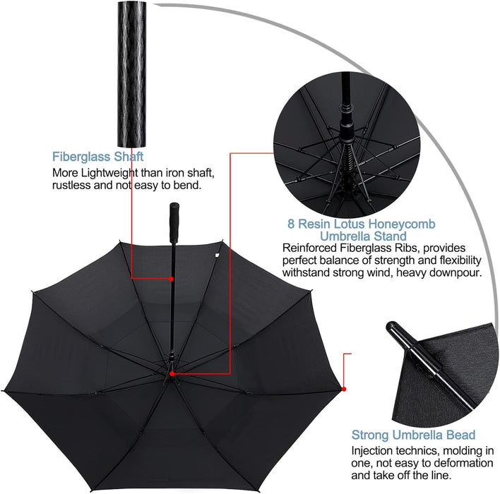 72 Inch Huge Large Oversize Golf Umbrella Automatic Open Double Canopy Vented Windproof Stick Umbrellas, 6 Ft Heavy Duty Outdoor Doorman Umbrella Family Umbrella(Black)