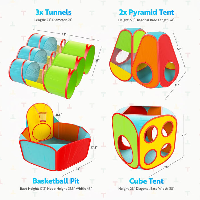 7Pc Kids Play Tent with 1 Big Ball Pit for Babies, 3 Play Tunnel for Toddlers, and 3 Pop up Tents Playhouse Bundle, Best Birthday Gift for Boys & Girls, Indoor & Outdoor Use Portable Play Center