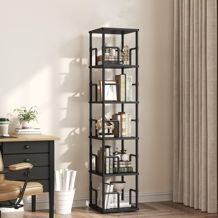 5-Tier Rotating Bookshelf, Freestanding Corner Bookshelf, 360° Spinning Bookcase, Industrial Style Storage Rack with Rails, for Living Room, Bedroom, Study, Black BKBK1601