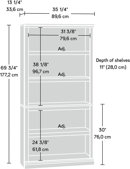 Miscellaneous Storage 5 Bookcase/Book Shelf, L: 35.28" X W: 13.23" X H: 69.76", Jamocha Wood