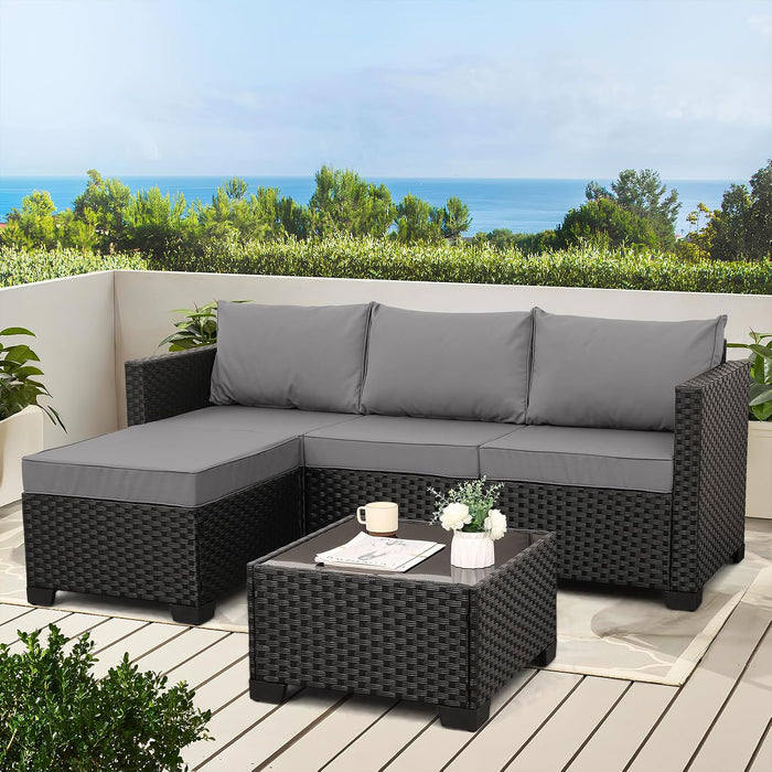 Wicker Patio Furniture Patio Couch 3 Pieces Outdoor Sectional with Ottoman and Outdoor Glass Table Weathering Anti-Slip Cushions Furniture Covers, Light Grey