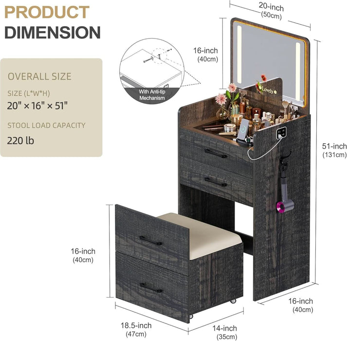3 in 1 Vanity Desk with Flip Top Mirror and Lights,Glass Top Compact Vanity with 3Drawers &Rolling Stool, Modern Small Makeup Vanity Table W/Charging Station,Bedroom,Rustic Oak
