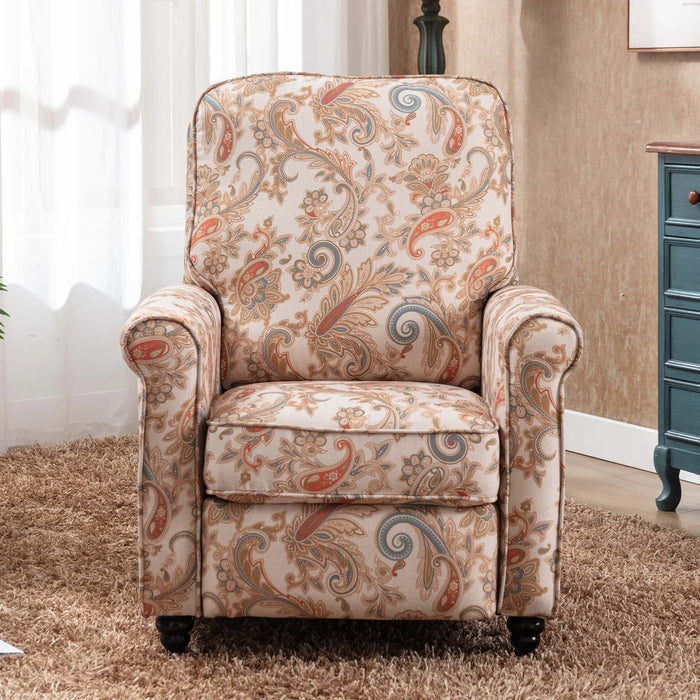 Manual Recliner Chair Push Back Upholstered Mid Century Armchair Fabric Sofa Home Theater Couches Wood Legs Home Living Room,Flower