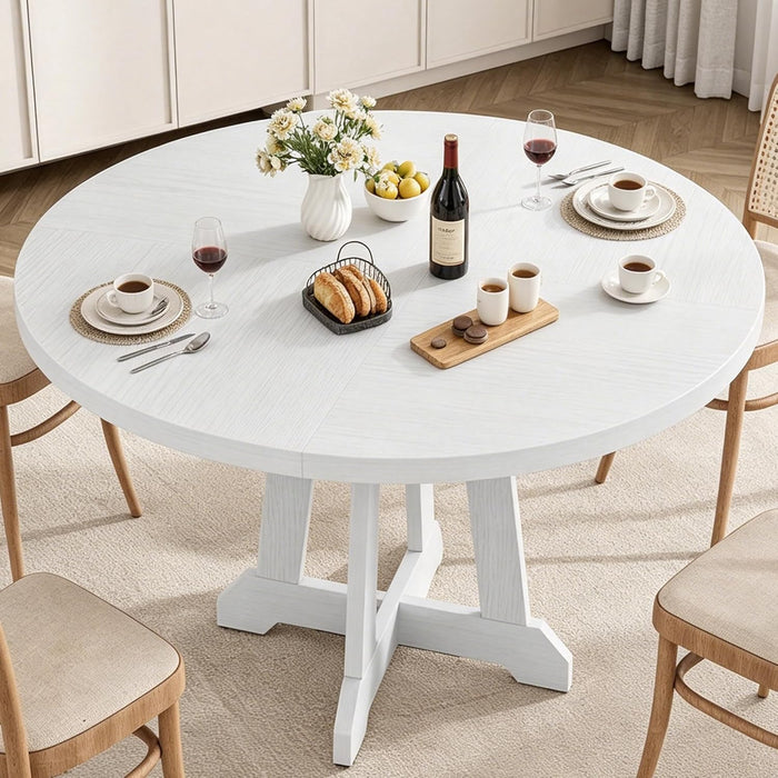47 Inch round Dining Table for 4-6, Wood Kitchen Table with Cross Base and Adjustable Foot Pads, Dining Room Table with Circle Tabletop for Dining Room, Kitchen, Living Room, White