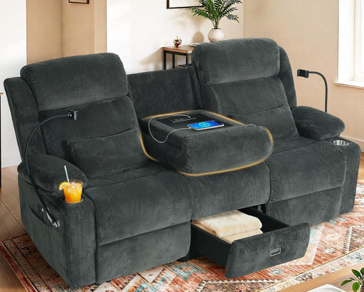 3 Seater Recliner Sofa, Manual Reclining Couch with Flip Middle Backrest, Phone Holder, Side Pocket, Drawer, Power Outlet, Reclining Sleeper for Living Room, Home Theater & RV (Textile - Gray)