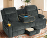3 Seater Recliner Sofa, Manual Reclining Couch with Flip Middle Backrest, Phone Holder, Side Pocket, Drawer, Power Outlet, Reclining Sleeper for Living Room, Home Theater & RV (Textile - Gray)