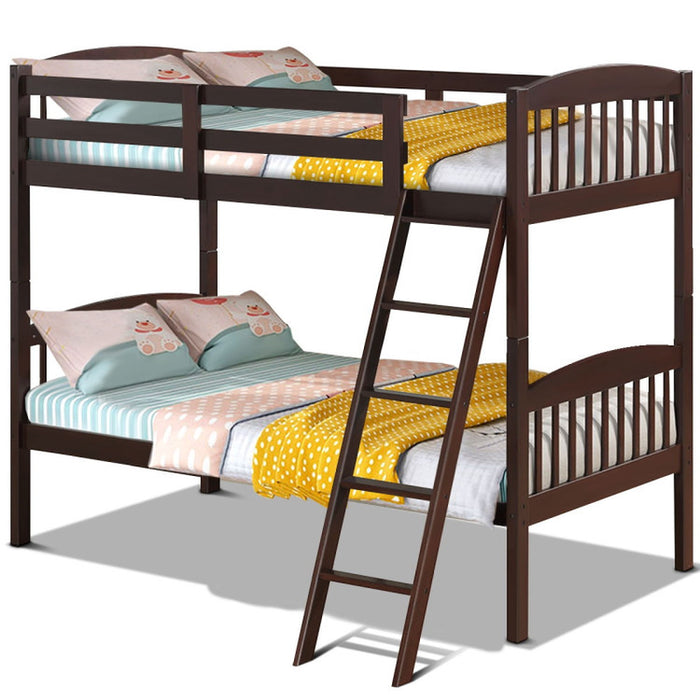 Hardwood Twin Bunk Beds with Inclined Ladder and Safety Guardrails