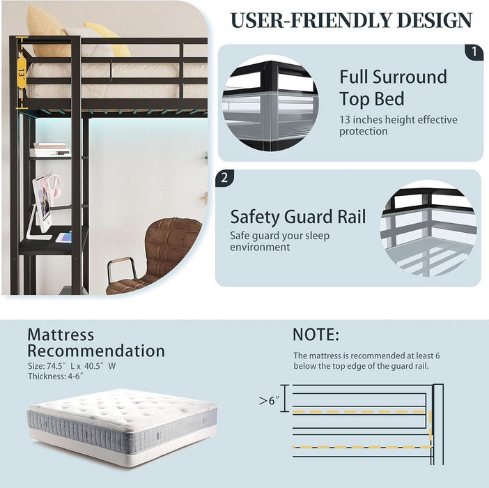 Loft Bed with Desk, Metal Loft Bed Twin Size with 2 Built-In Ladders, with Safety Guard,Space-Saving Bed Frame, Noise Free for Small Bedroom, Black (Twin Size)