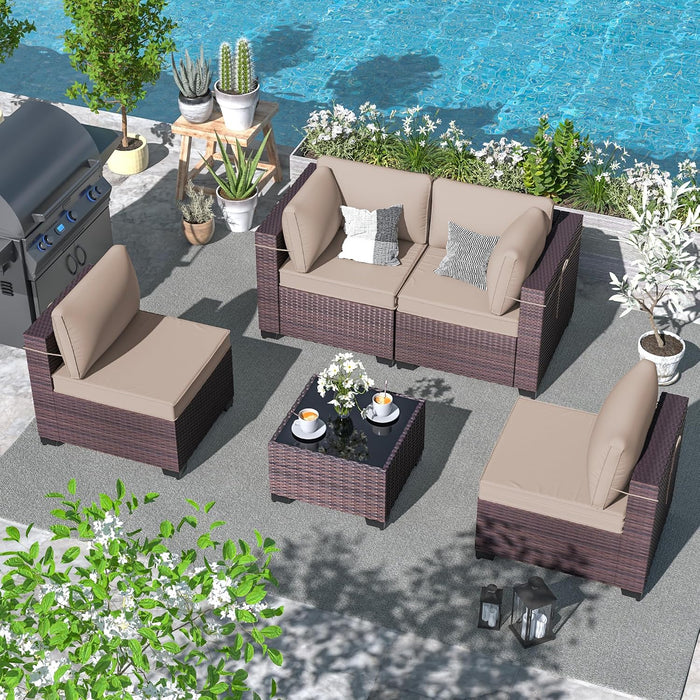 5 Pieces Patio Furniture Set Wicker Patio Conversation Set, Outdoor Sectional Furniture W/Coffee Table & Washable Seat Cushions-Sand