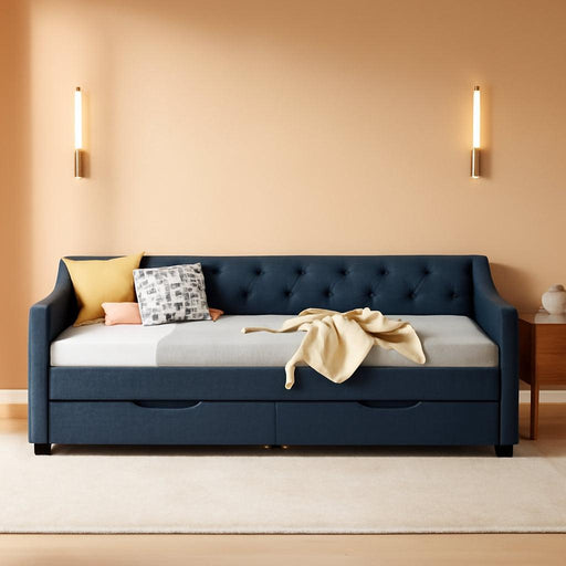 Twin Size Daybed with Two Drawers and Linen Upholstered,Wood Bed Frame W/Button Tufted Back and Waved Shape Arms,Slats Support,For Apartment,Bedroom,Dark Grey