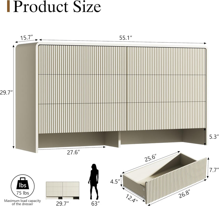 55" Wide Modern Dresser for Bedroom, 6 Drawer Chest of Drawers with Curved Design, Push-To-Open Storage Dresser, Beige