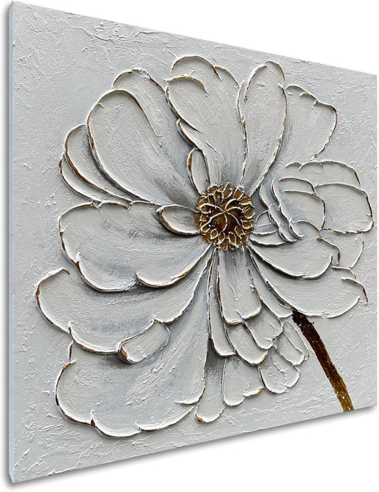 Art 24X24 Inches Hand-Painted Golden Texture White Flower Oil Painting. Modern Abstract Art. Suitable for Decoration on Walls of Living Room, Bedroom or Office