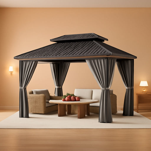 10'X12' Gazebo Hardtop Gazebo, Aluminum Pergola with Double Galvanized Steel Roof, Permanent Outdoor Metal Canopy with Curtain and Netting for Patio, Backyard, Deck,Grey