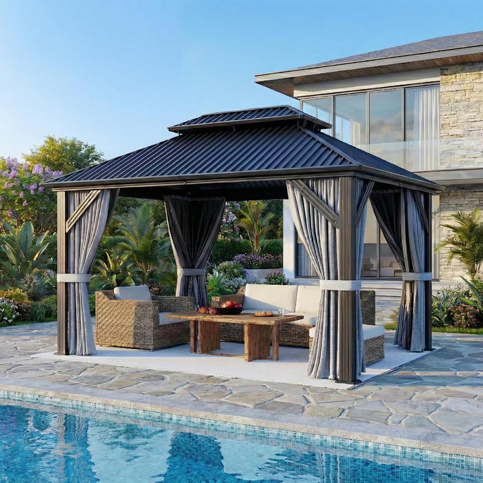 10'X12' Gazebo Hardtop Gazebo, Aluminum Pergola with Double Galvanized Steel Roof, Permanent Outdoor Metal Canopy with Curtain and Netting for Patio, Backyard, Deck,Grey