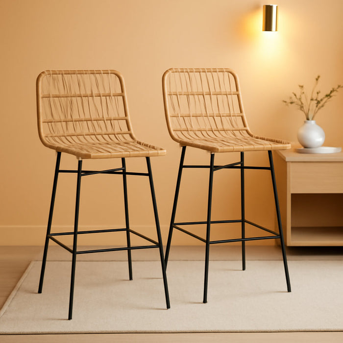 Rattan Counter Height Bar Stools Set of 2, 26" Wicker Barstools with Back, Modern Bar Chairs for Kitchen Island, Kitchen Counter and Dining Room, Brown