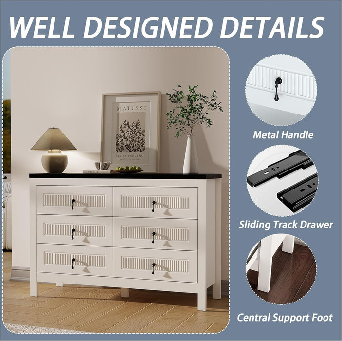 White Dresser for Bedroom Modern: 47" Wide 6 Drawer Dresser with Deep Drawers, Large Chest of Drawers with Metal Handles, Wood Dressers for Living Room, Hallway