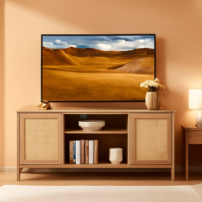 TV Stand for Living Room : Rattan TV Console Cabinet with Storage and Shelf, Boho Entertainment Center, 59" Media Console for 55, 65 Inch TV, 26" Tall Wood Television Stands, Oak