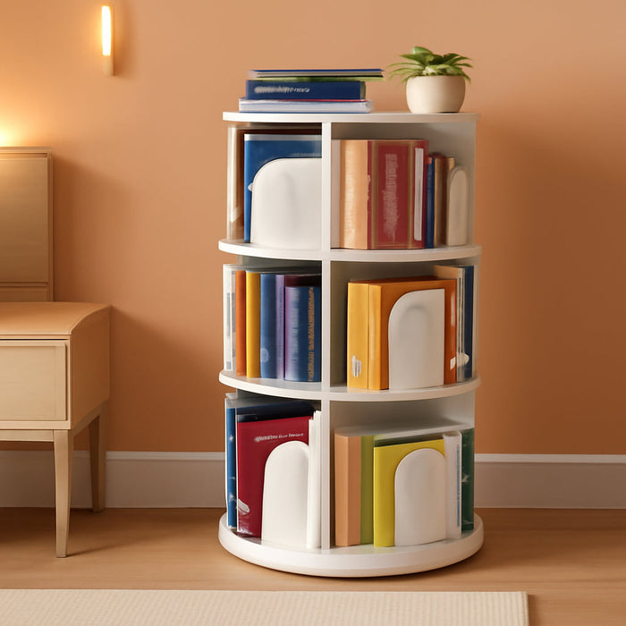 Cross Style 4 Tier Rotating Bookshelf, Spinning 360 Bookcase Lazy Susan Tower, Vertical Revolving Books Shelf Storage round Carousel Space Saving Organizer, White