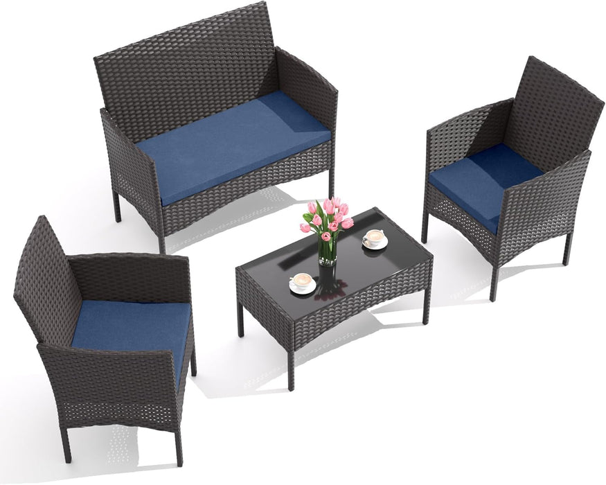 4-Piece Outdoor Patio Furniture Set, Wicker Rattan Chairs & Sofa with Cushions and Glass Coffee Table, Conversation Set for Backyard, Lawn, Porch, Pool, Garden (Navy-2)