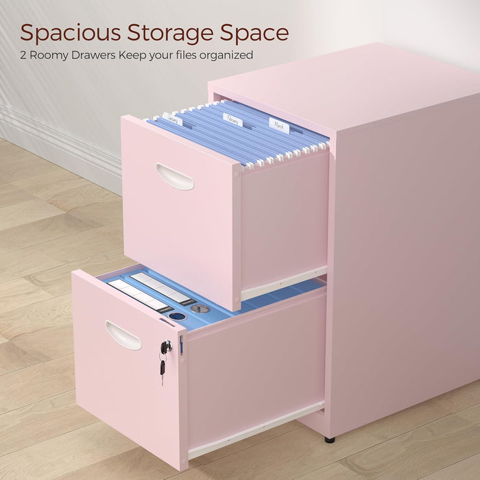 2 Drawer File Cabinet with Lock,Pink Metal Filing Cabinets,Vertical Locking File Cabinet Fit Hanging Files, Letter,File Box and A4 Documents(Pink)