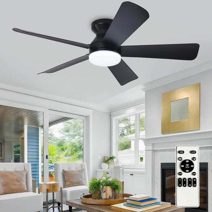 Modern Ceiling Fan with Light: 42-Inch Black Small Fans for Bedroom Indoor Outdoor - Dimmable Low Profile Ceiling Fans with Remote Control Flush Mount 5 Reversible Black Blades 6 Speeds Timer