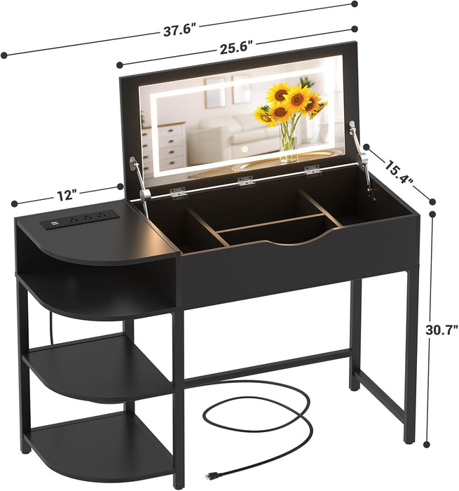 Vanity Desk with Flip Top Mirror and Lights, Makeup Vanity Desk with Drawers, Dressing Table with Storage Shelves & Charging Station, Small Vanity for Small Spaces, Black