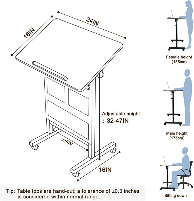 Height Adjustable Standing Desk with Storage Bag Widths16 in Length 24 In, Portable Rolling Mobile Stand up Table with Wheels, 360 Degree Flip Laptop Computer Desk for Home Office, Rustic Brown