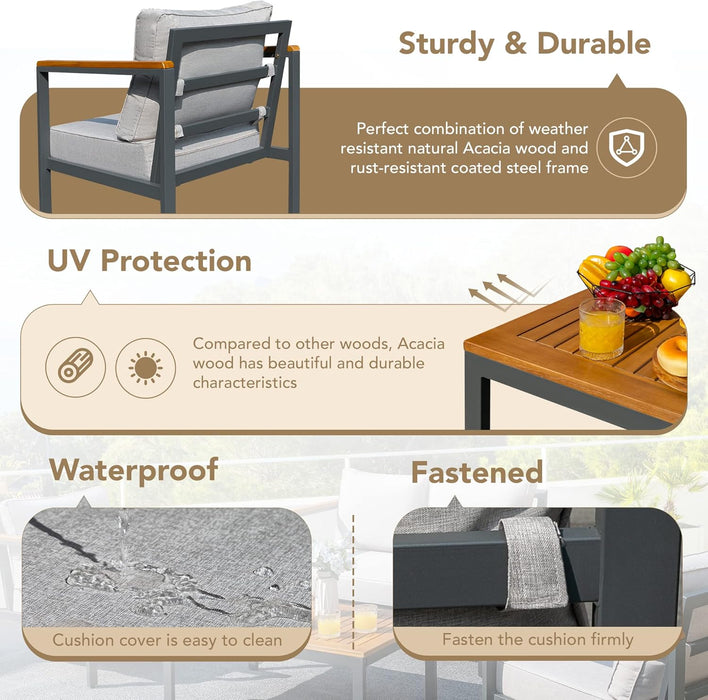 4 Pieces Patio Furniture Sets Outdoor Conversation Set Acacia Wood Sofa Set with Coffee Table Thicker Sponge Cushion