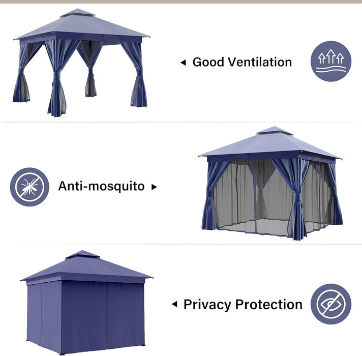 Patio Gazebo 10'X10', Outdoor Heavy Duty Party Tent Shelter with Double Roofs, Mosquito Nettings and Privacy Screens for Backyard, Garden, Lawn, Navy Blue