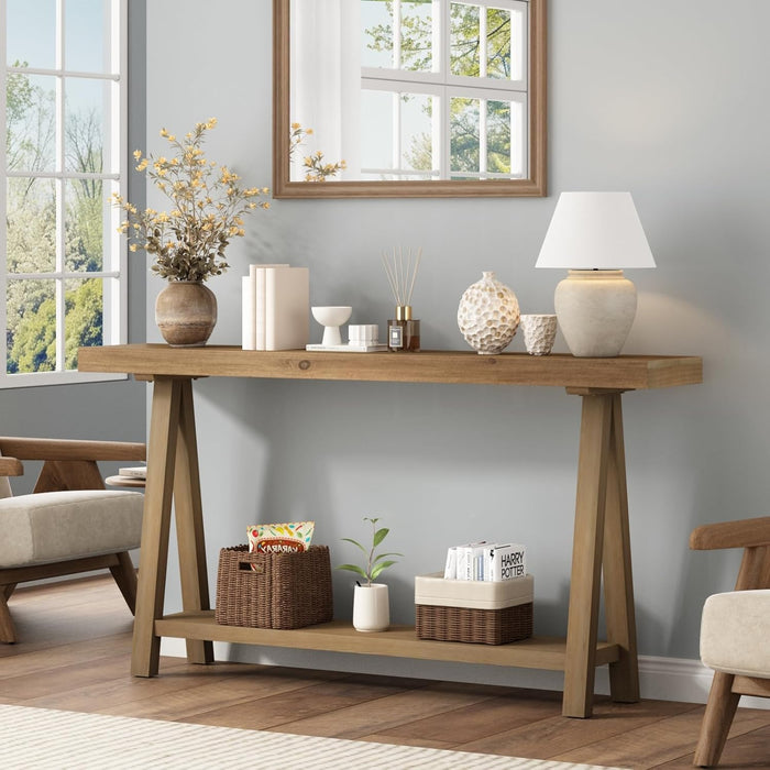 Solid Wood Console Tables - 63" Pinewood Farmhouse Rustic Hallway Table, Foyer Tables Living Room, Solid Firwood Sofa Table for Entryway, Brown