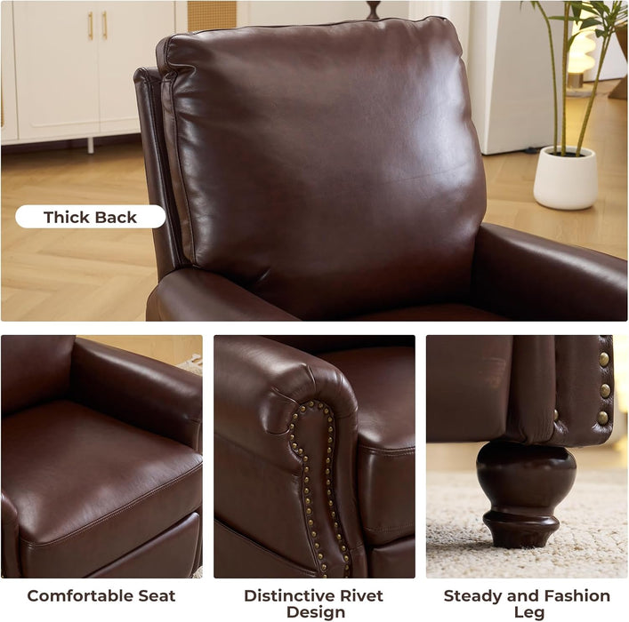 Pushback Recliner Chair with Massage and Heat, Breathable Leather Recliner Chair with Overstuffed Backrest, Recliner with Rivet Decoration, Single Sofa Accent Chair for Living Room, Brown