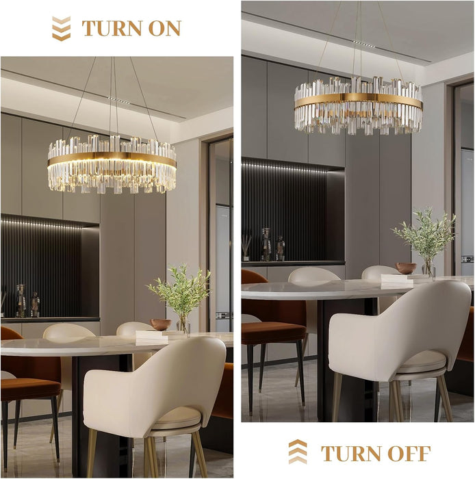 Gold Modern Crystal Led Chandelier,Round Drum Chandelier over Table | 23.6" Dimmable Led Golden Luxury Chandelier,K9 Crystals Height Adjustable Chandelier for Dining Room Living Room Bedroom