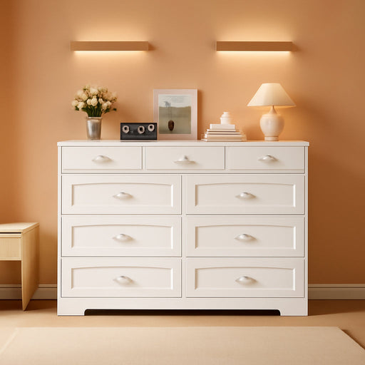 White Contemporary Wooden Dresser With Nine Drawers