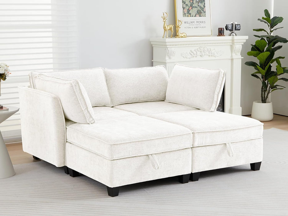 Beige Modular Sectional Sofa Featuring Sleeper Storage