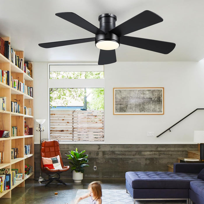 Low Profile Ceiling Fan with Light and Remote Control,46" Modern Flush Mount Black Ceiling Fan, 5 Dual-Sided Blades, Energy Efficient DC Motor, Reversible for Bedroom, Living Room, Indoor/Outdoor Use