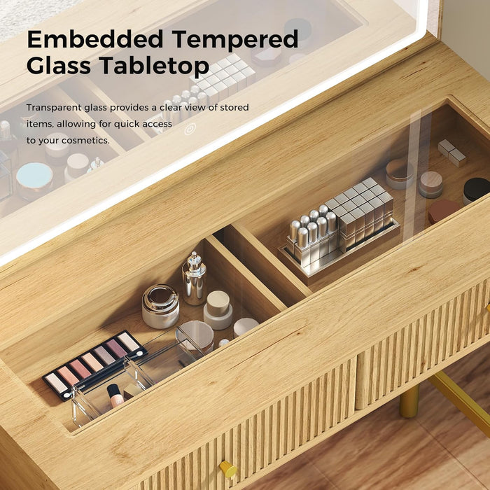 Vanity Desk with Mirror and Lights, Fluted Makeup Vanity with Glass Top, 48" Modern Vanity with 5 Drawers & Open Shelves, 3 Lighting Modes Adjustable Brightness for Bedroom, Natural