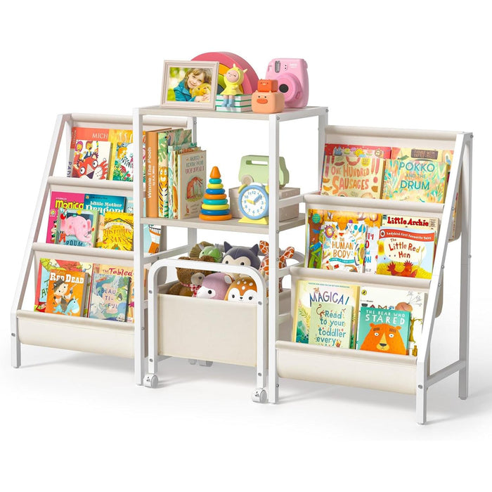 Kids Bookshelf and Toy Storage,2 Sided Montessori Bookshelf, Large Toddler Book Shelf with Movable Toy Bin,6 Tiers Baby Bookshelf,Sturdy Nursery Bookcase,Child Bookshelf for Playroom Classroom