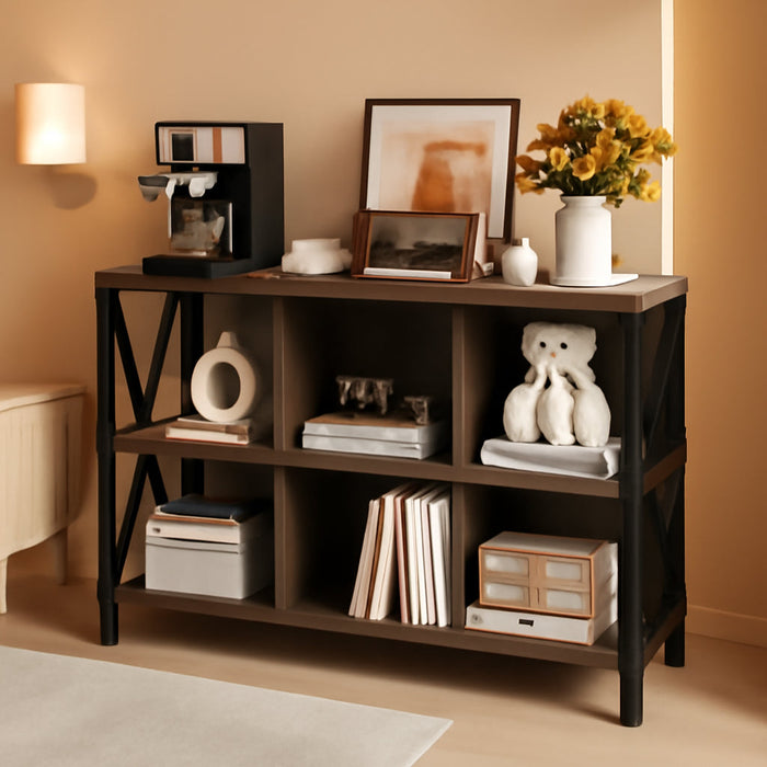 Rustic 6 Cube Storage Organizer with Shelf, Wood and Metal Cubby Bookcase, Industrial Horizontal Bookshelf for Living Room, Office (Walnut Brown, 47 Inch)