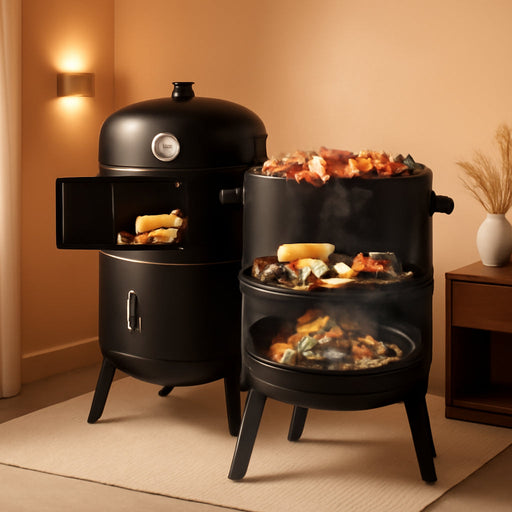 Vertical 17 Inch Steel Charcoal BBQ Smoker, Heavy Duty 3-In-1 Portable Outdoor Grill Cooker with Built-In Thermometer &Adjustable Vent Systems for Outdoor Backyard Cooking Grilling Camping